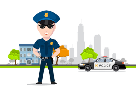 制服 車や街の風景を持つ警察官と警察署のイラスト の写真素材 画像素材 Image