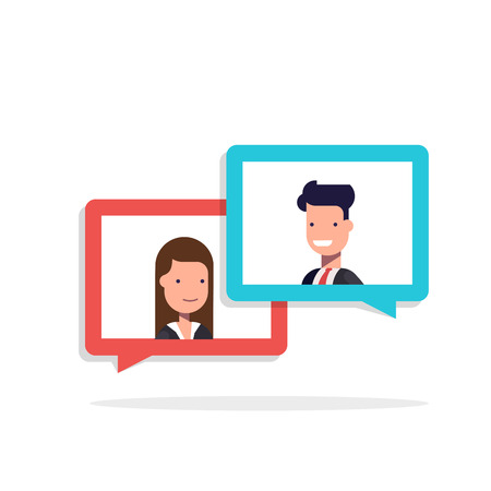 男と女の吹き出しでチャットします ビジネスマンや実業家の話 ビジネスをテーマに対話の概念 フラット イラスト背景色に分離されました のイラスト素材 ベクタ Image