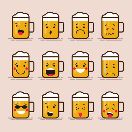顔の表情 感情を持つビール文字のキュートなフラット デザイン ガラスを設定します のイラスト素材 ベクタ Image