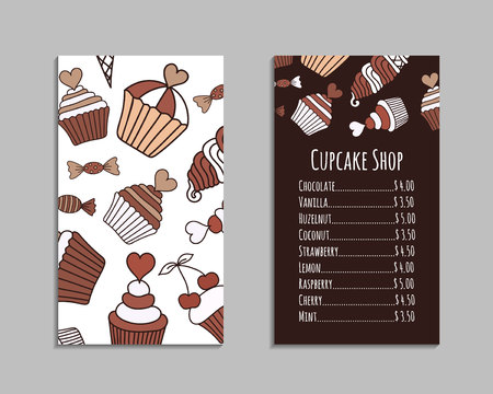 Chocolate Cake, Candy, Ice Cream Doodle Card Set. Brown And Beige Chocolate Cake, Candy, Ice Cream Doodle Card Set. Brown And Beige