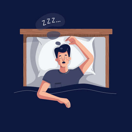 Illustration vectorielle de ronflement. jeune homme allongé dans le lit, ronfle bruyamment avec la bouche ouverte pendant un sommeil profond. personne de sexe masculin attrapant des zzzs. apnée du sommeil, ronflement, concept de sommeil rapide pour le web.flat design Banque d'images