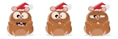 Funny cartoon collection of a hamster with christmas hat