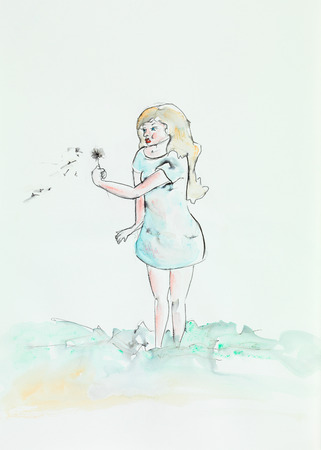 タンポポ カラフルなイラストを吹く美しい女の子の描かれた水彩イラストを手します の写真素材 画像素材 Image