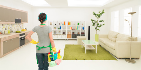 young caucasian woman standing in clean house holding cleaning products looking at tidy room Stock Photo young caucasian woman standing in clean house holding cleaning products, looking at tidy room Stock Photo - 36920088