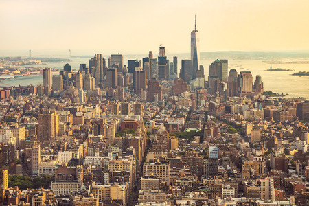 View of manhattan from the top angle at sunset new york city view from the top new york city with skyscrapers at sunset