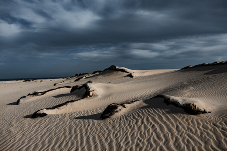 Sun and dark dramatic cloads creating a beautiful interesting sky over desert sands in the natural park in corralejo, fuerteventura, las palmas, canary islands, spain