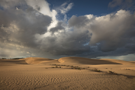 Sun and dark dramatic cloads creating a beautiful interesting sky over desert sands in the natural park in corralejo, fuerteventura, las palmas, canary islands, spain Stock Photo