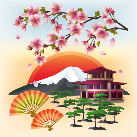 Sunset landscape vector: Nền Nhật Bản với sakura hoa cây anh đào Nhật Bản với những cánh hoa bay hai người hâm mộ bonsai núi chùa dâng biểu tượng mặt trời đỏ của văn hóa phương Đông. Cảnh quan tuyệt đẹp của Nhật Bản. Stylish hình nền trừu tượng. Vector hình minh họa.