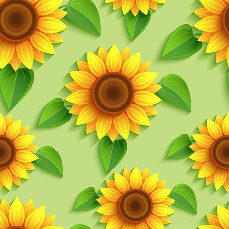 Sun flower: Schöne Natur Hintergrund nahtlose Muster mit 3D-Sonnenblumen. Floral modernen Kulisse mit orange, gelb Sommer Blumen und Blätter. Helle stilvolle trendy. Gruß, Einladungskarte. Vektor-Illustration