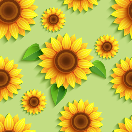 Sun flower: Schöne Natur grünem Hintergrund nahtlose Muster mit 3D-Sonnenblumen. Floral trendige Kulisse mit orange, gelb Sommer Blumen und Blätter. Helle stilvolle moderne Tapeten. Gruß, Einladungskarte. Vektor-Illustration Illustration