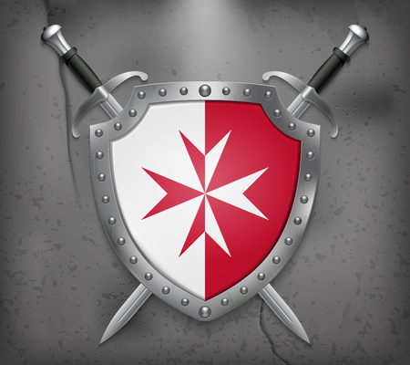 Flag of malta version with maltese cross the shield with national flag two crossed swords vector medieval background Imagens