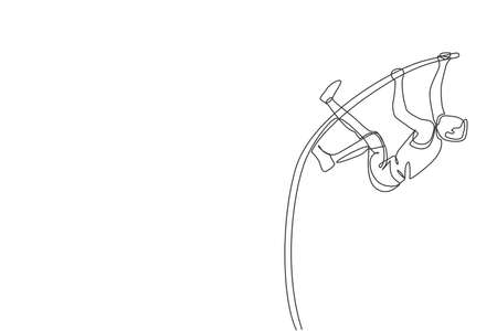 One single line drawing of young energetic man exercise pole vault to pass the bar at field vector illustration. healthy athletic sport concept. competition event. modern continuous line draw design Stock Photo