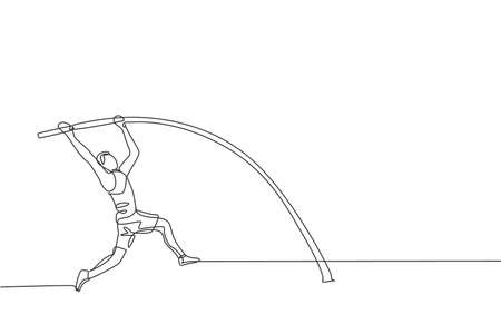 One continuous line drawing of young sporty man practicing pole vault stance jump in the field. healthy athletic sport concept. championship event. dynamic single line draw design vector illustration