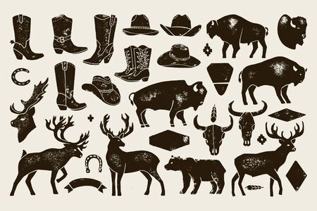 Big set of Hand Draw vintage native American signs from Deer, Buffalo, Cowboy Boots and Hats, cow Skulls, bear.