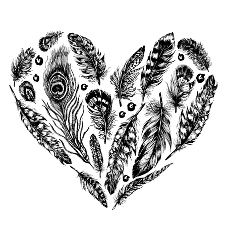 Hand drawn ink rustic design vector elements. Heart made of feathers and beads in trendy bohemian style. Vintage, boho, tribal rustic set. Highly detailed ink art in engraved style