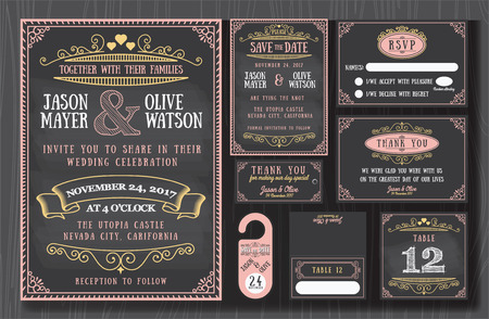Vintage wedding invitation chalkboard design sets include Invitation card, Save the date, RSVP card, Thank you card, Table number, Gift tags, Place cards, Respond card, Save the date door hanger Иллюстрация