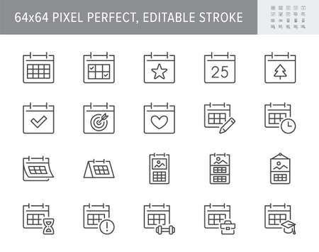 Calendar line icons. vector illustration include icon - hourglass, deadline, timetable, deadline, agenda, sandglass outline pictogram for syllabus schedule. 64x64 pixel perfect, editable stroke