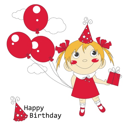 happy birthday illustration of cute little girl with air balloons