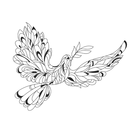 オリーブの枝と鳩は平和のベクトル白黒手描き Zentagle イラスト 白い背景で隔離の高詳細ページを着色します のイラスト素材 ベクタ Image オリーブの枝と鳩は平和のベクトル白黒手描き Zentagle イラスト 白い背景で隔離の高詳細ページを着色します のイラスト素材 ベクタ Image