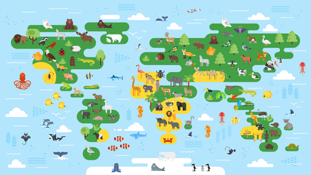 Vector flat style big abstract world map with animals colorful vector illustration for children with all continents for preschool education