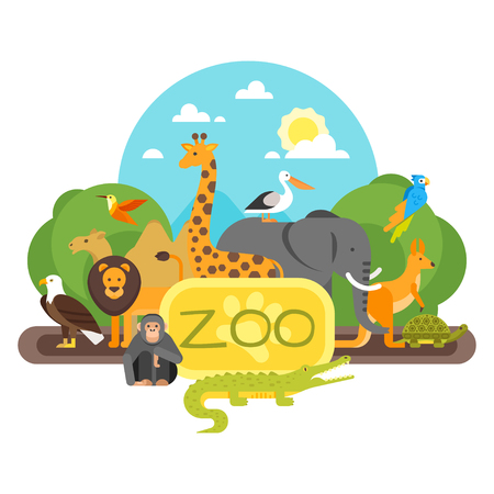 動物園の入り口に立っている動物のベクトル フラット スタイルのイラスト 良い晴れた日に 白い背景上に分離 のイラスト素材 ベクタ Image