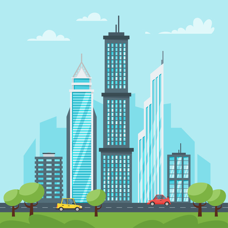 Vector Cartoon Style Illustration Of City Landscape. Urban Skyline. Modern  Skyscrapers And City Transport. Клипарты, SVG, векторы, и Набор Иллюстраций  Без Оплаты Отчислений. Image 93836602