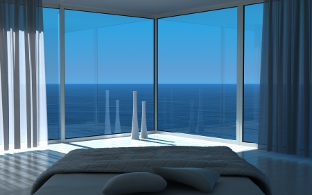 Large spacious monochromatic white bedroom with fireplace, a ...