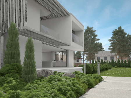 拡大窓のモダンな 2 階建ての家と低木と杉の木と緑の庭園の外観 の写真素材 画像素材 Image 拡大窓のモダンな 2 階建ての家と低木と杉の木と緑の庭園の外観 の写真素材 画像素材 Image