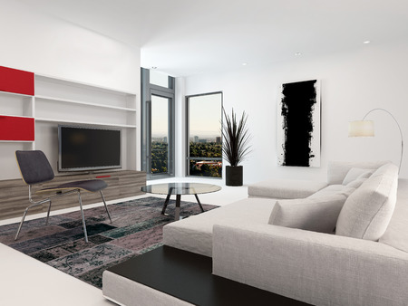 Minimalist living area interior design with a contemporary slatted ... Modern nappali fal