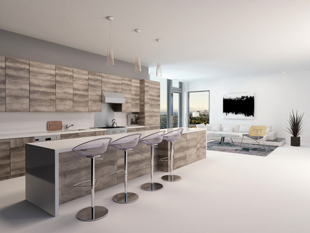 Rustieke stijl houten open keuken interieur met een lange bar en ...