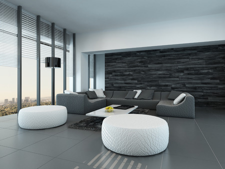 Tilted Perspective Of A Modern Grey And White Living Room Interior ... Tilted Perspective Of A Modern Grey And White Living Room Interior ...