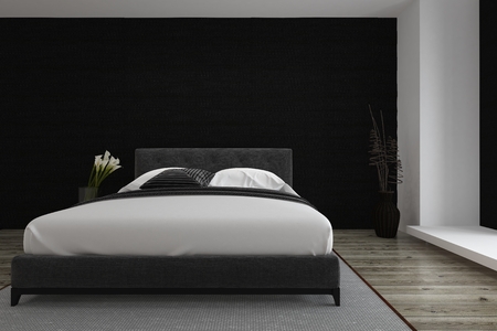 stock photo stylish black and white bedroom inter with a queen size divan style bed and wooden parquet floor lit by daylight from an adjacent window - Lit Queen Size stock photo stylish black and white bedroom inter with a queen size divan style bed and wooden parquet floor lit by daylight from an adjacent window - Lit Queen Size