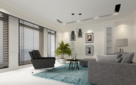 Gezellige moderne witte woonkamer interieur met grote ramen bedekt