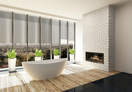 Badewanne Mit Zimmerpflanzen Gegen Große Fenster Im Modernen ... Badewanne Mit Zimmerpflanzen Gegen Große Fenster Im Modernen ...