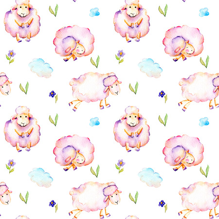 水彩のかわいいピンクの羊 気球 植物や雲のイラスト 白い背景に手書きのカード テンプレート の写真素材 画像素材 Image