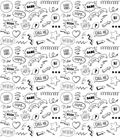 Black and white doodle style seamless pattern with comic style elements, hand drawn vector illustration Black and white doodle style seamless pattern with comic style elements, hand drawn vector illustration