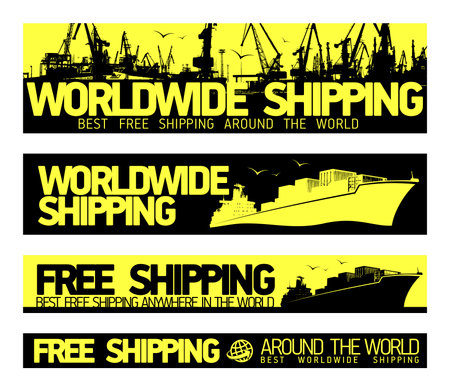 Worldwide Free Shipping Web Banners Set With Cargo Ships And Sea Port Silhouettes