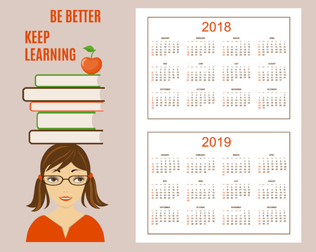 概念の学習の壁年 18 と 19 の古典的なアメリカのカレンダー 英語 週は日曜日に開始します すべての 12 ヶ月があります Eps 10の イラスト素材 ベクタ Image