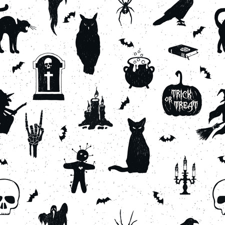 Halloween seamless pattern with hand drawn vector illustrations of an owl, tombstone, kettle, jack-o-lantern, raven, cat, witch, voodoo doll, candelabrum, skull, and bats.