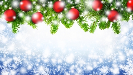 border of fir twigs decorated with red christmas baubles on blue background with large snowflakes stock - Large Red Christmas Decorations border of fir twigs decorated with red christmas baubles on blue background with large snowflakes stock - Large Red Christmas Decorations