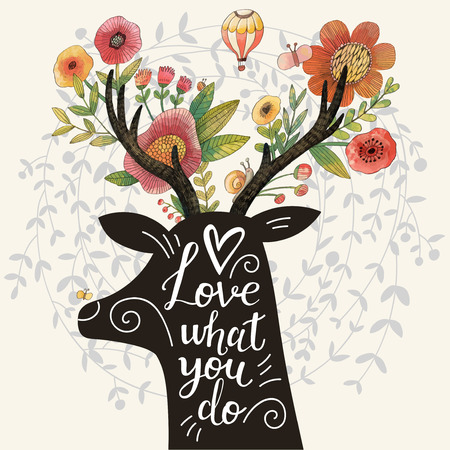 Love what you do. Incredible deer silhouette with awesome flowers in horns. Lovely spring concept design in vector. Sweet deer and flowers made in watercolor technique