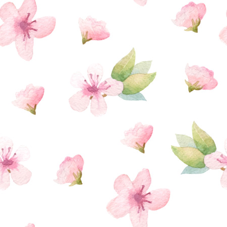 Spring floral background with pink flowers. Painted apple tree blossom. Vector watercolor.