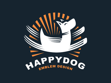 幸せな犬ロゴ ベクトル図では 暗い背景にエンブレムのイラスト素材 ベクタ Image