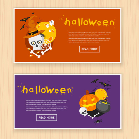 Moonlight lanterns: Happy halloween poster, banner, fly-er. Pumpkin and skull on the background of the moon with spider and bats. Halloween party. Flat design vector illustration.