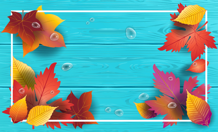 メープルと秋のポスターは 木製の青い背景にフレームを残します 秋のシーズンはベクトル イラストです のイラスト素材 ベクタ Image メープルと秋のポスターは 木製の青い背景にフレームを残します 秋のシーズンはベクトル イラストです のイラスト素材 ベクタ Image