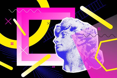 Bright vector collage with old sculpture of a woman's head, universal graphic elements, geometric shapes, dotted halftone objects for your design