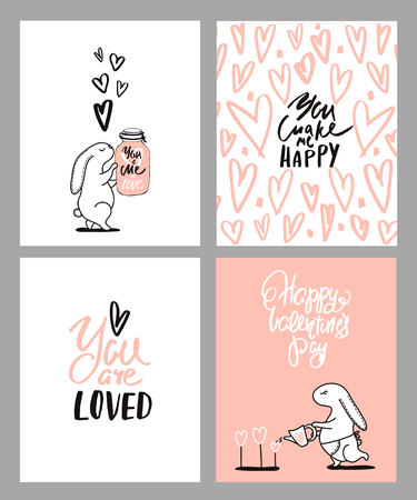 キスはテキストです かわいい手描きうさぎバルーンを保持します バック グラウンド保存日バレンタインの日の結婚式のため等します ベクトル図のイラスト素材 ベクタ Image