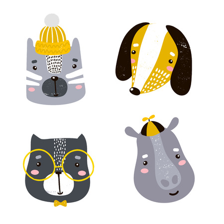 4 つのかわいい動物顔のセットです 創造的な動物は 猫 犬 カバ クマ 保育園 衣料品 カードを印刷します ベクトル図 のイラスト素材 ベクタ Image 4 つのかわいい動物顔のセットです 創造的な動物は 猫 犬 カバ クマ 保育園 衣料品 カードを印刷します ベクトル図 のイラスト素材 ベクタ Image