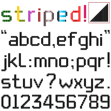ストライプのフリー フォント 小文字アルファベット 数字および句読点の縦ストライプでコンピューターのフォントにします 上部の右側のボックスがスペアのストライプを変更または新しい文字を作成します のイラスト素材 ベクタ Image