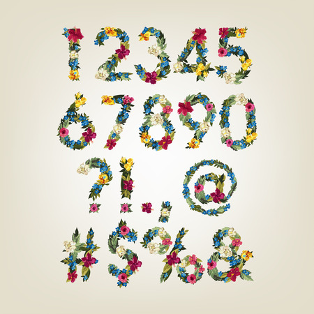 ベクトル カラフルな花フォントのためのデザインのベクトル図の番号グロテスクなスタイル 花のアルファベット 数字と句読点 のイラスト素材 ベクタ Image